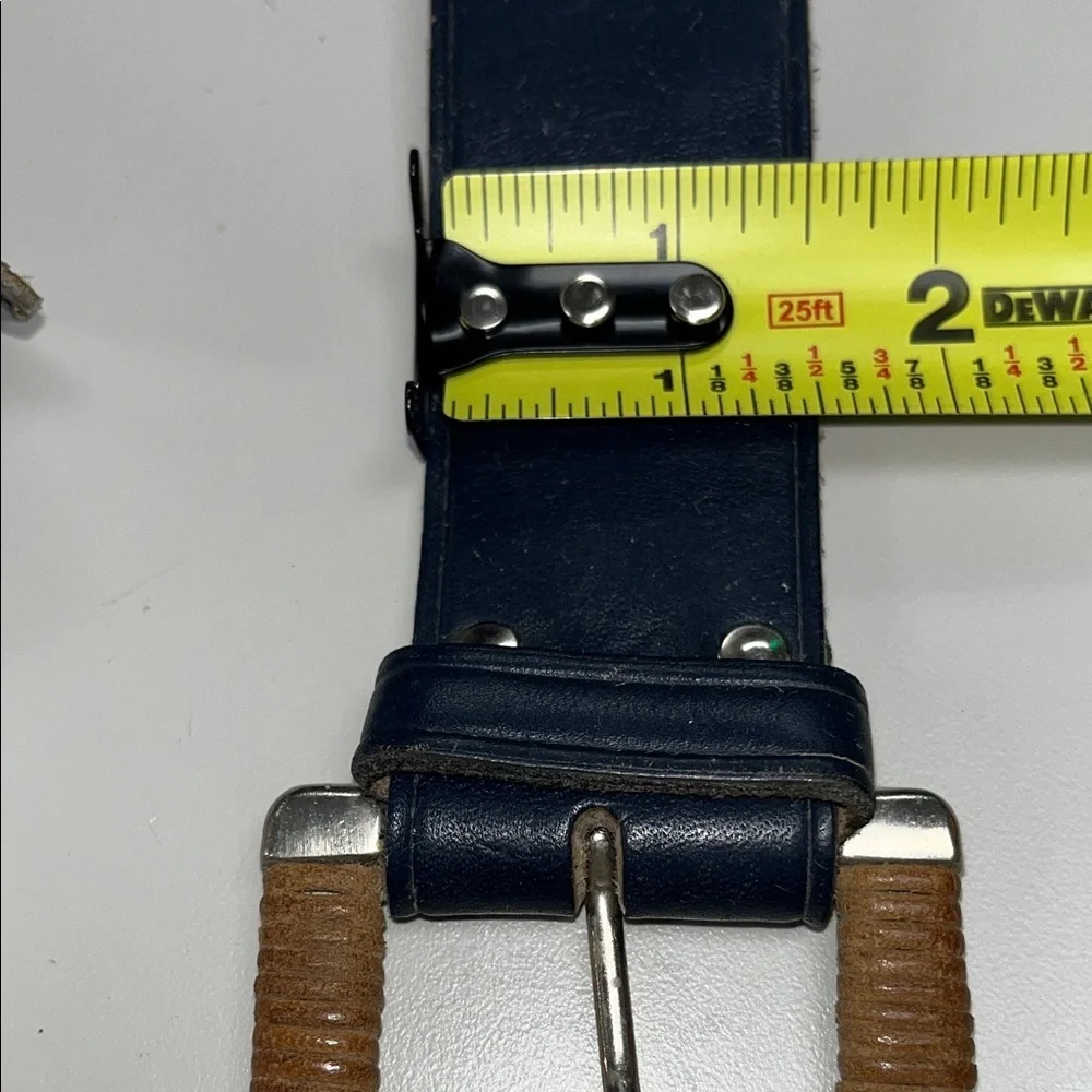 Echo Navy Leather Belt with Silver Tone & Tan Twine Buckle size small